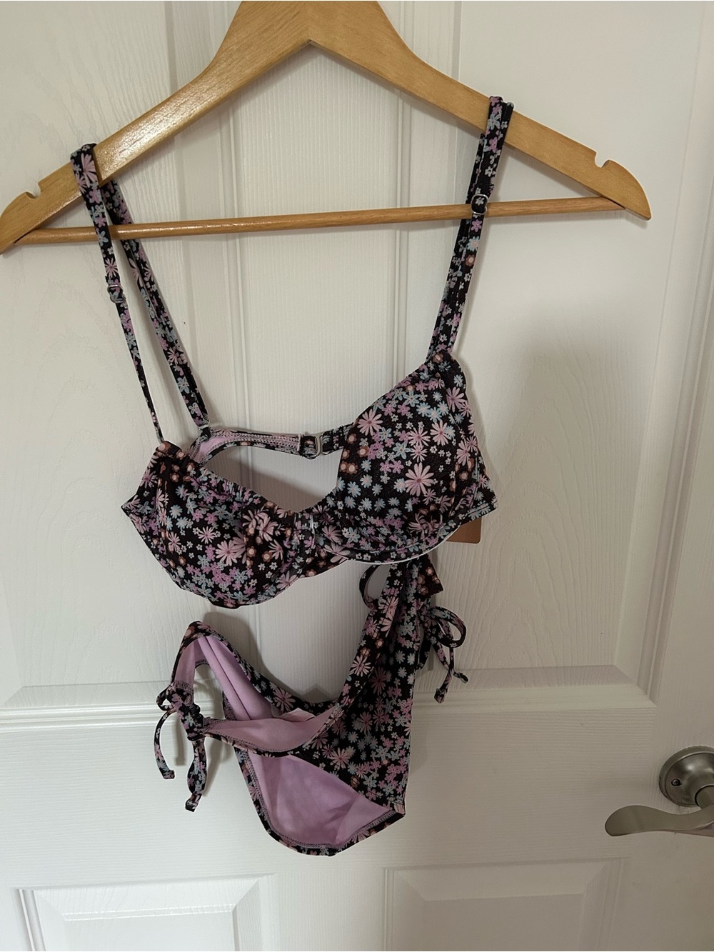 Ninety Floral Print Bikini Top in Black with Lavender and Light Blue Flowers